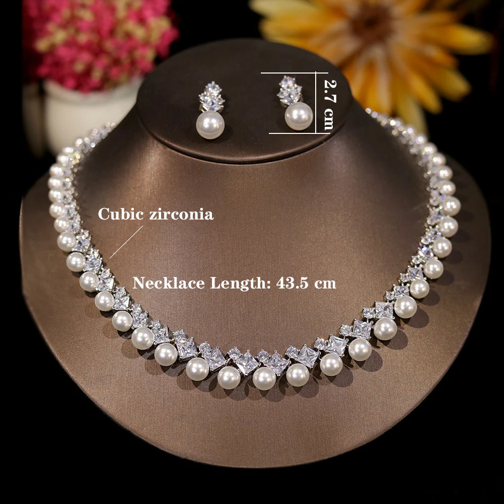 Parure de Mariage Élégante – Collier et Boucles d’Oreilles Perles & Cristaux Blancs | Bijoux de Mariée Classiques et Raffinés