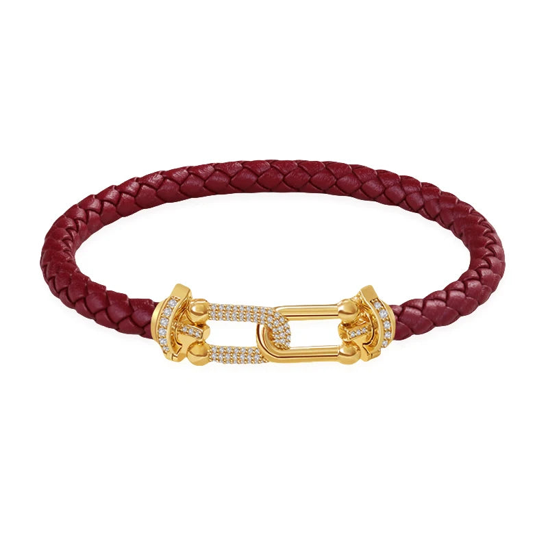 Bracelet en cuir tressé et zircon – Élégance intemporelle, design en U raffiné ✨