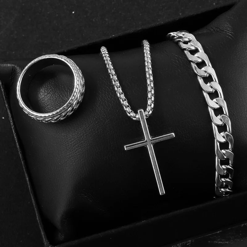Ensemble Bijoux Homme 3 Pièces – Collier Croix Noire, Bracelet Chaîne et Bague | Style Punk Chic et Tendance