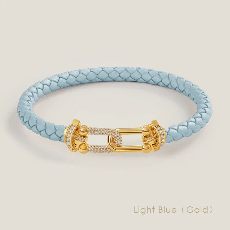 Bracelet en cuir tressé et zircon – Élégance intemporelle, design en U raffiné ✨