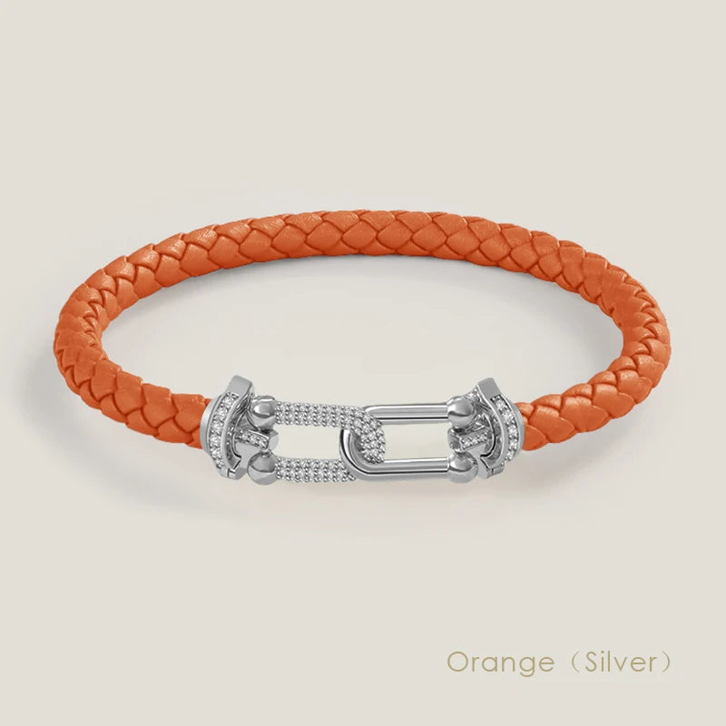Bracelet en cuir tressé et zircon – Élégance intemporelle, design en U raffiné ✨