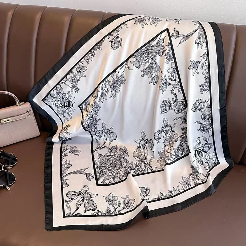 Foulard Carré Satiné Femme – Imprimé Élégant Style Soie | Accessoire Chic pour Cheveux, Cou ou Sac à Main