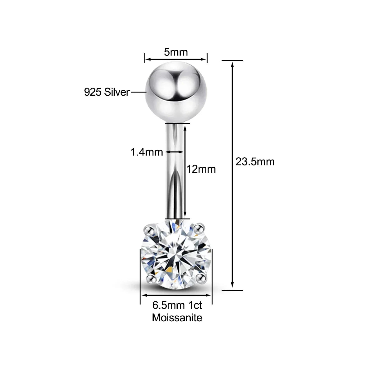 Piercing de Nombril en Argent 925 avec Pierre Moissanite – Élégance & Brillance de Luxe