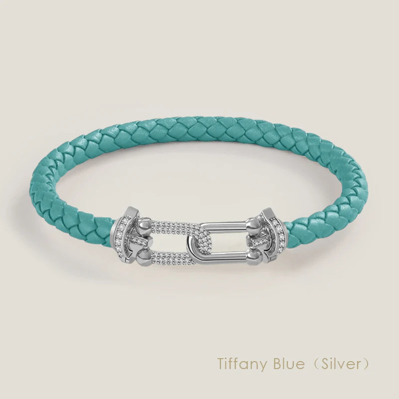 Bracelet en cuir tressé et zircon – Élégance intemporelle, design en U raffiné ✨