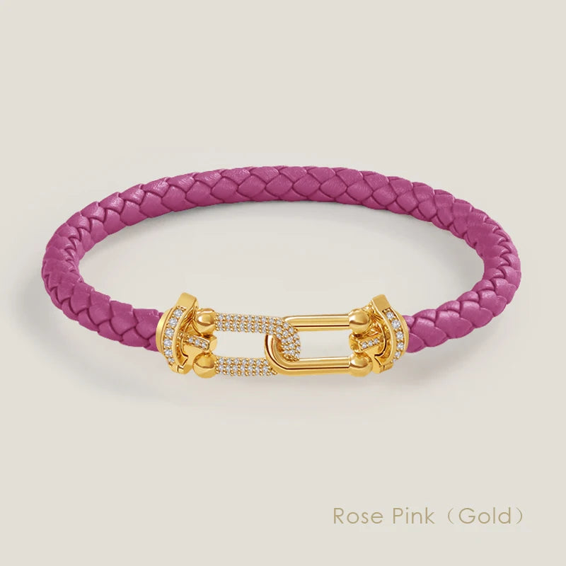 Bracelet en cuir tressé et zircon – Élégance intemporelle, design en U raffiné ✨