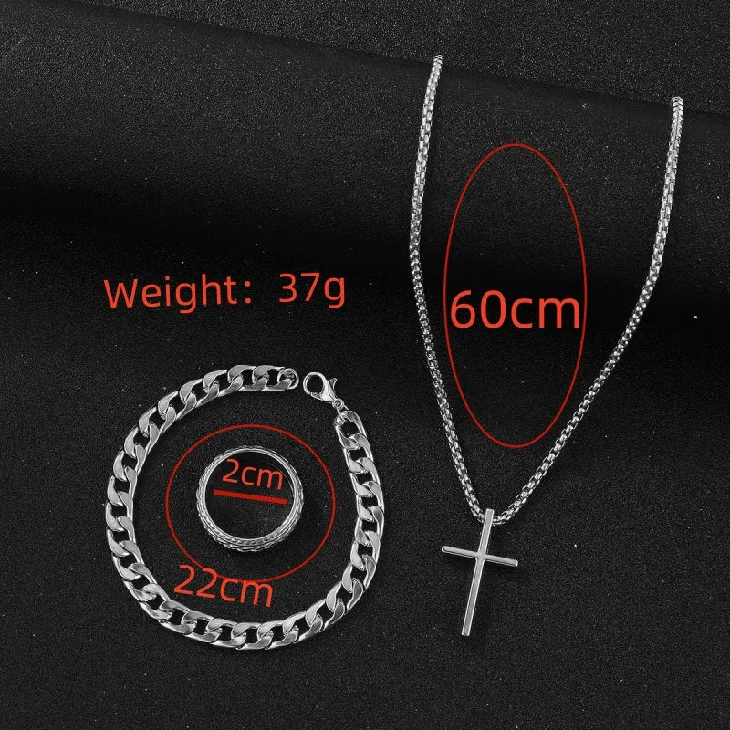 Ensemble Bijoux Homme 3 Pièces – Collier Croix Noire, Bracelet Chaîne et Bague | Style Punk Chic et Tendance