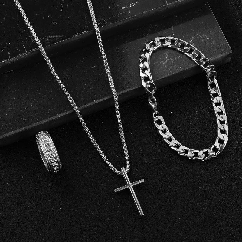 Ensemble Bijoux Homme 3 Pièces – Collier Croix Noire, Bracelet Chaîne et Bague | Style Punk Chic et Tendance