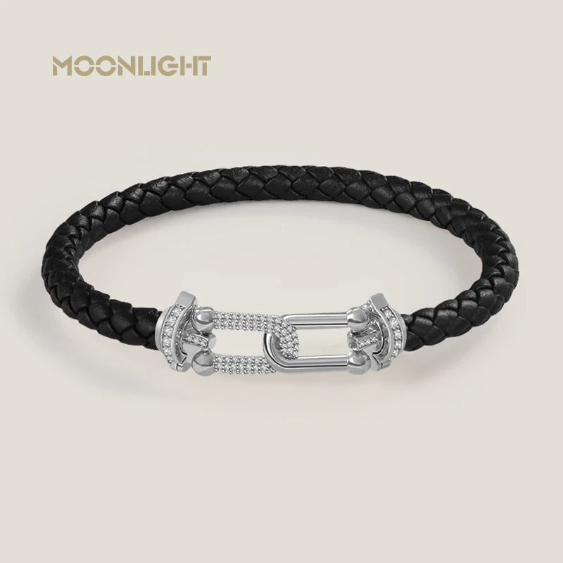 Bracelet en cuir tressé et zircon – Élégance intemporelle, design en U raffiné ✨