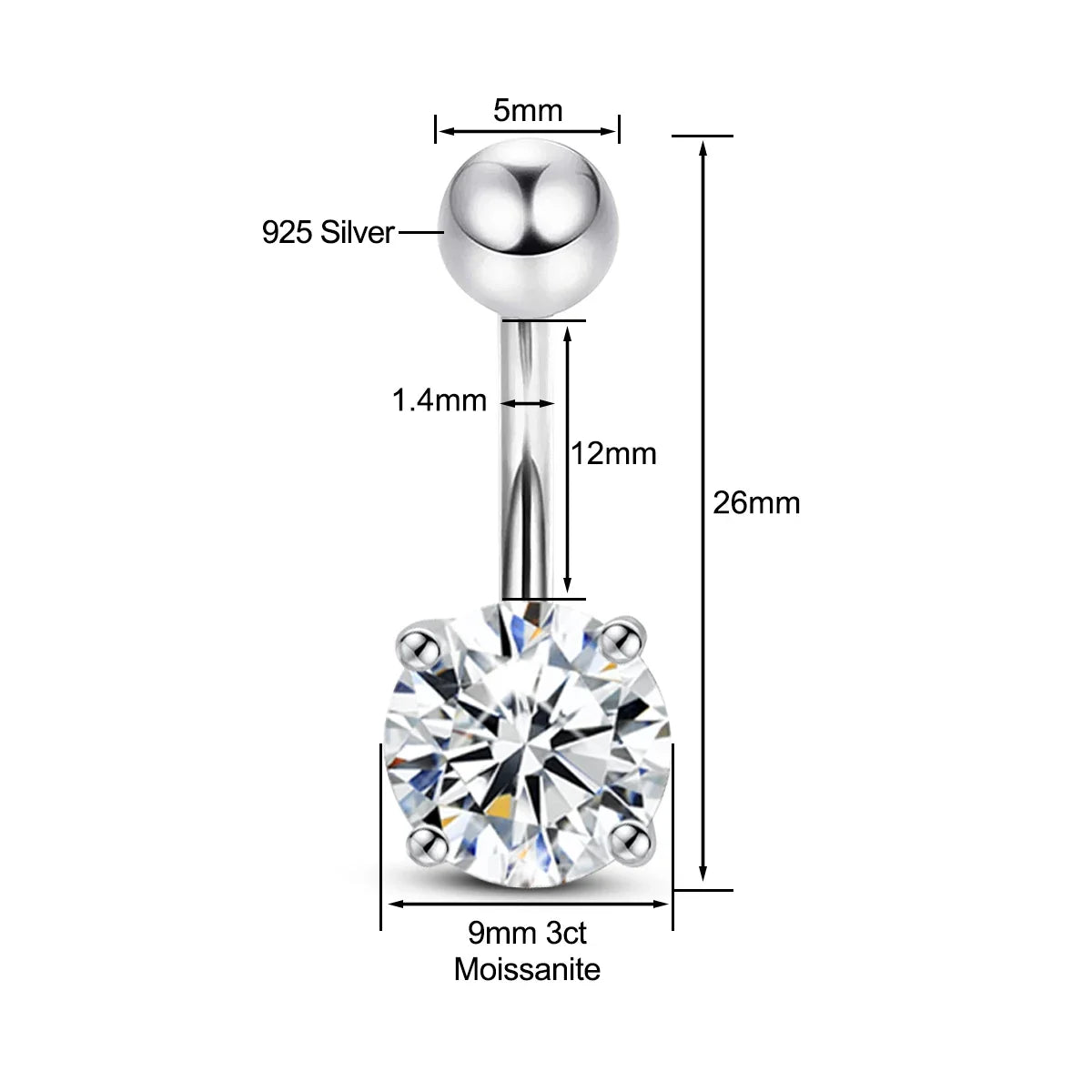 Piercing de Nombril en Argent 925 avec Pierre Moissanite – Élégance & Brillance de Luxe