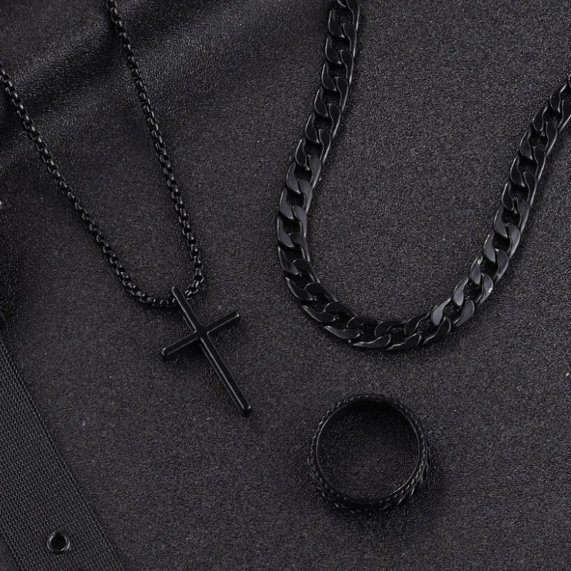 Ensemble Bijoux Homme 3 Pièces – Collier Croix Noire, Bracelet Chaîne et Bague | Style Punk Chic et Tendance
