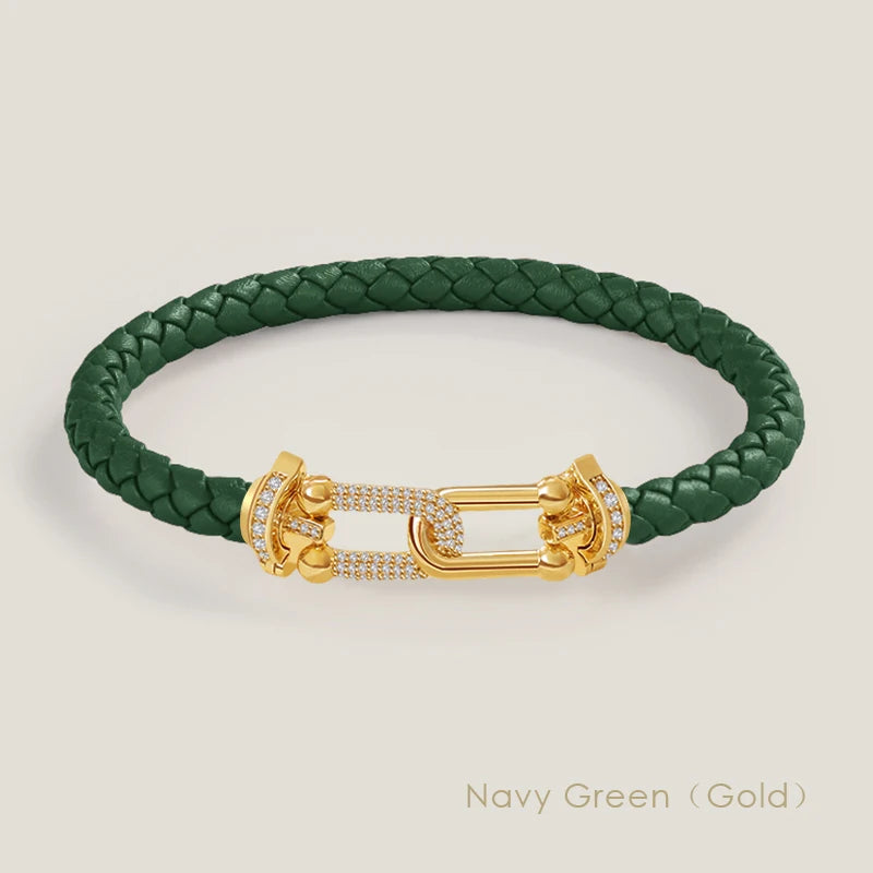 Bracelet en cuir tressé et zircon – Élégance intemporelle, design en U raffiné ✨
