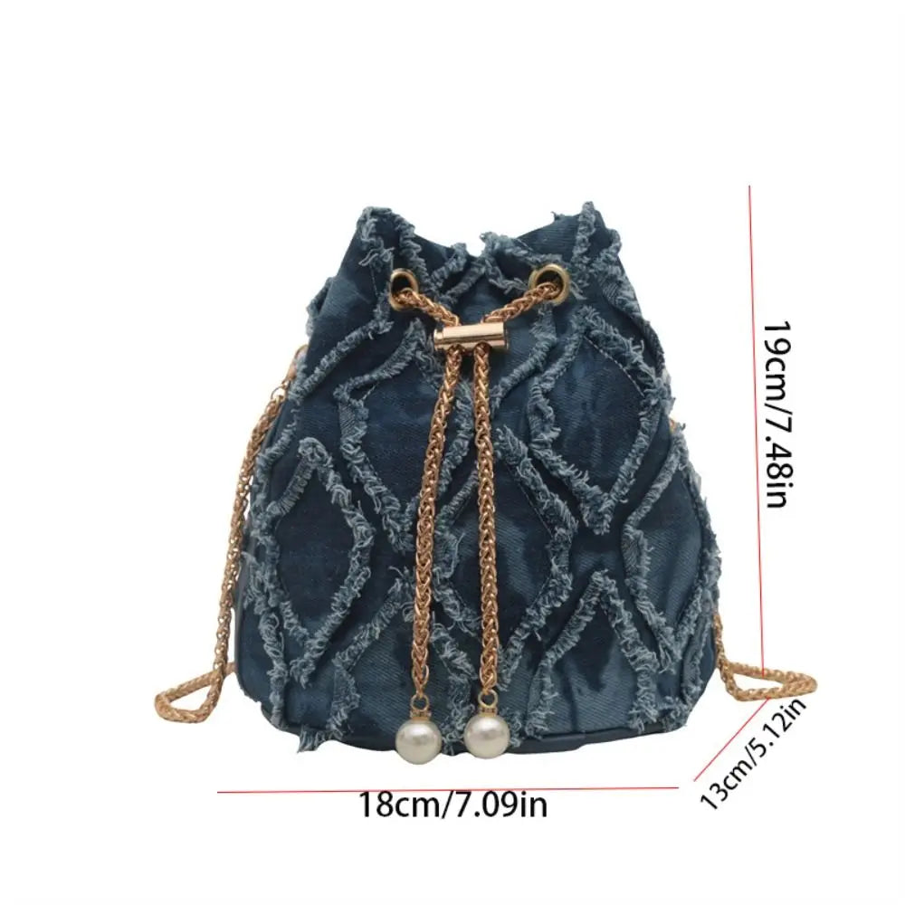 Sac Seau en Jean avec Perles et Chaîne Dorée – Élégance Décontractée & Style Coréen Tendance
