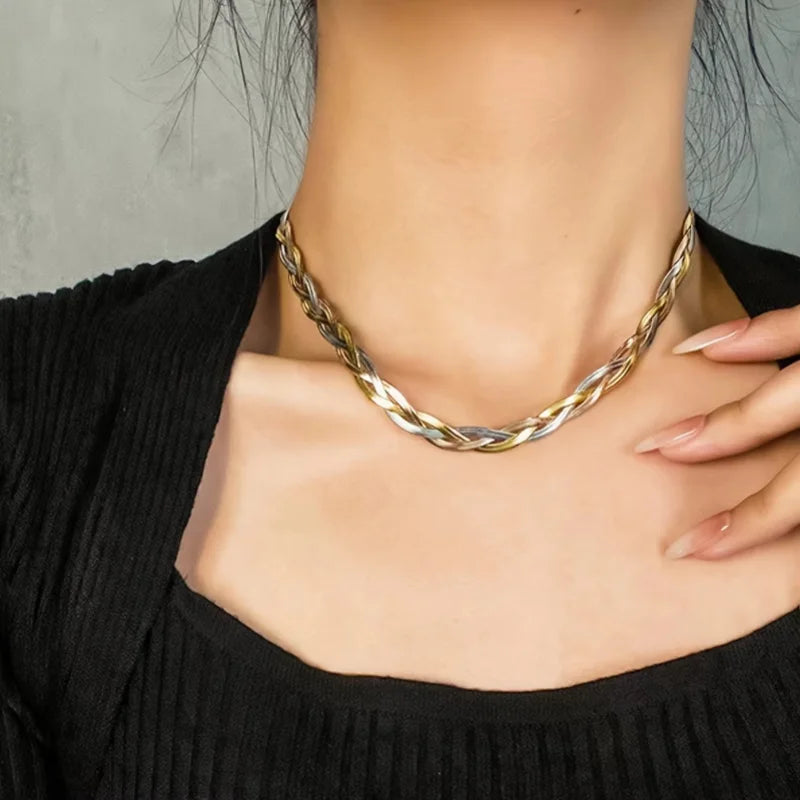 Ensemble Collier et Bracelet Plat en Acier Inoxydable – Maille Serpent Trois Couleurs | Bijoux Tendance Femme & Homme