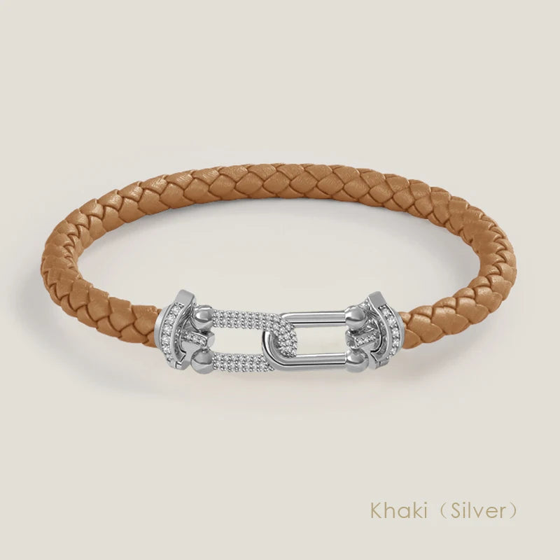 Bracelet en cuir tressé et zircon – Élégance intemporelle, design en U raffiné ✨