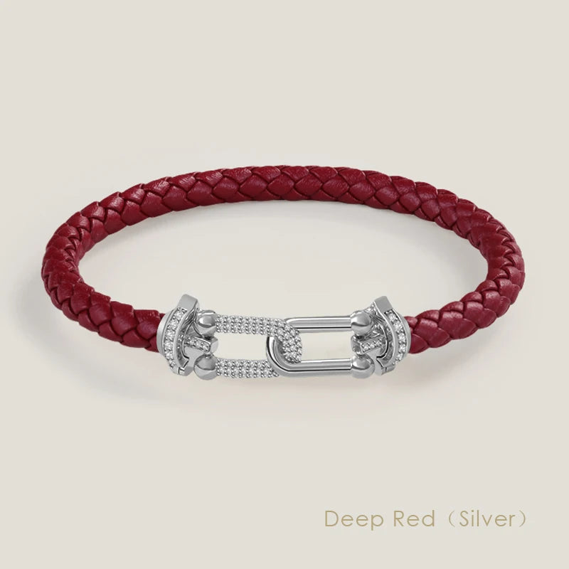 Bracelet en cuir tressé et zircon – Élégance intemporelle, design en U raffiné ✨