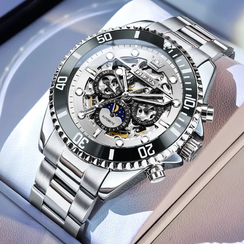 Montre Homme OLEVS 6715 – Automatique Squelette Luxe, Étanche & Élégante avec Phase de Lune