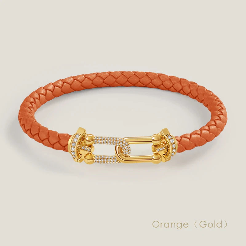 Bracelet en cuir tressé et zircon – Élégance intemporelle, design en U raffiné ✨