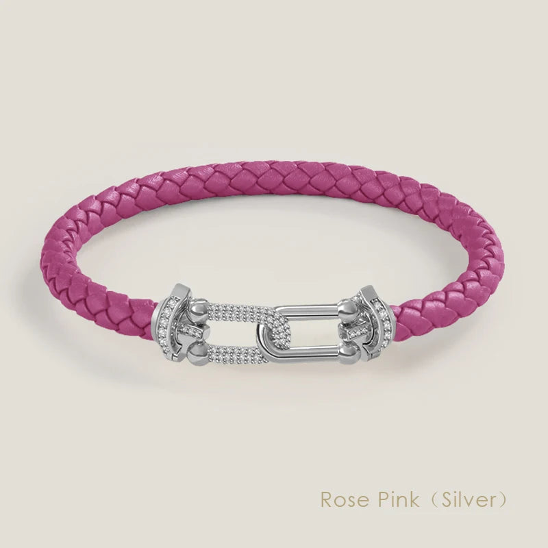 Bracelet en cuir tressé et zircon – Élégance intemporelle, design en U raffiné ✨
