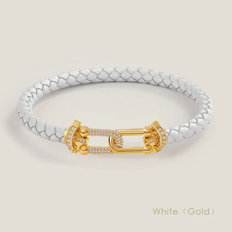Bracelet en cuir tressé et zircon – Élégance intemporelle, design en U raffiné ✨