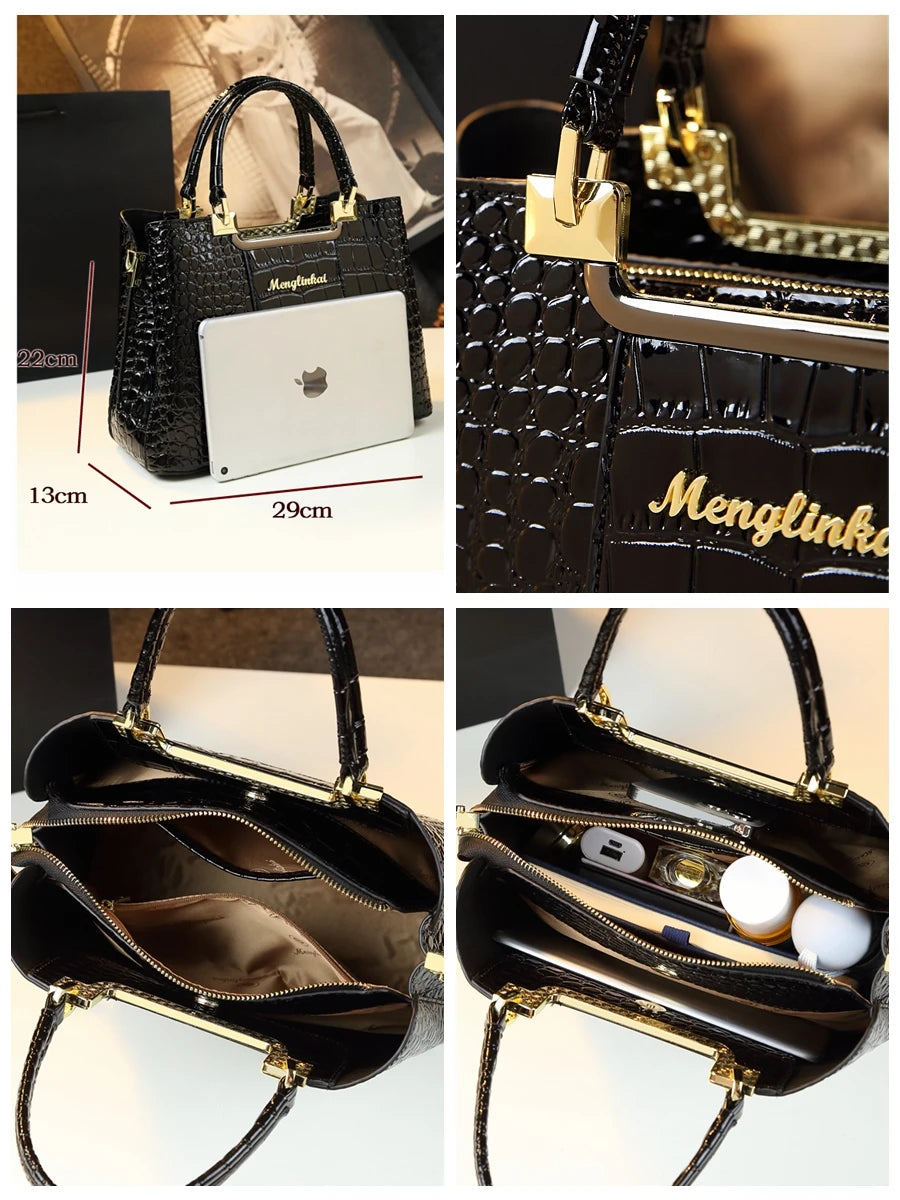 Sac à Main Femme Élégant Motif Crocodile – Modèle Luxe à Poignées Rigides et Finitions Dorées | Style Chic et Intemporel