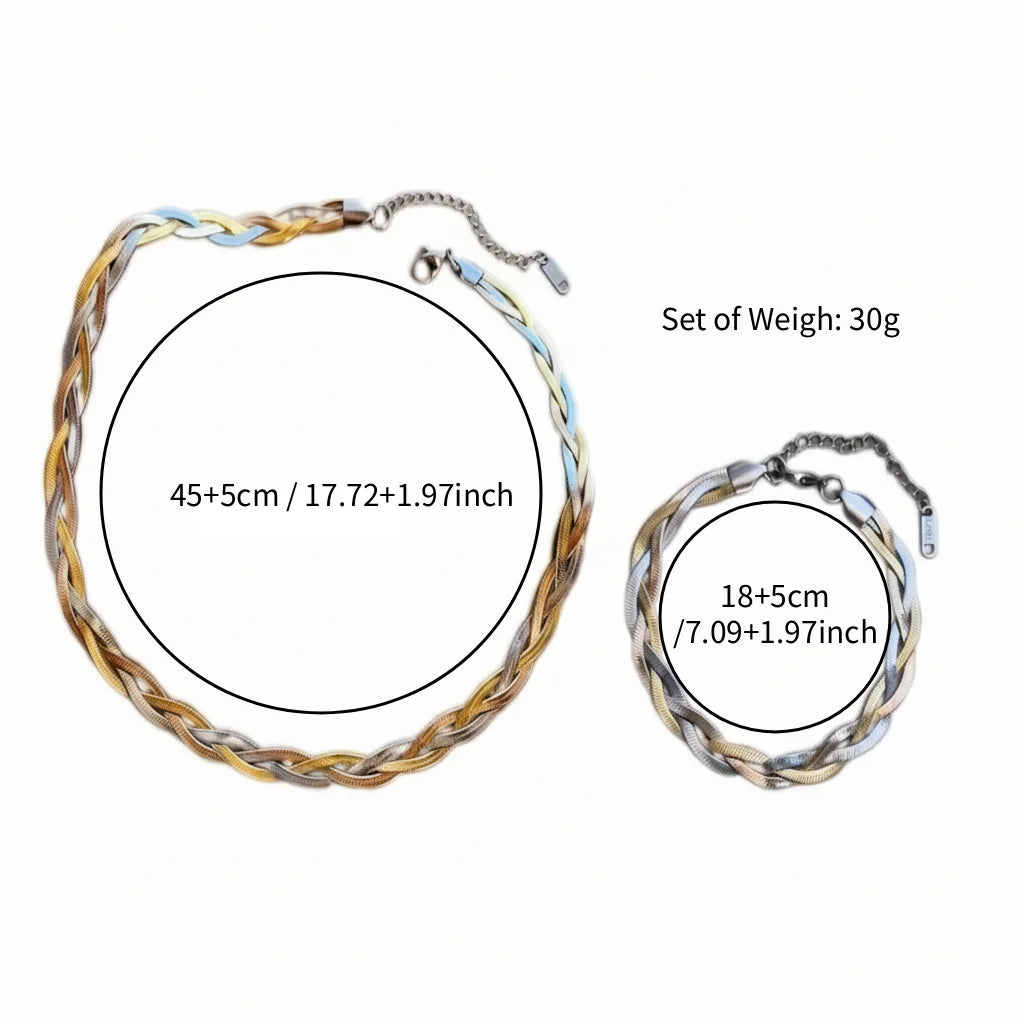 Ensemble Collier et Bracelet Plat en Acier Inoxydable – Maille Serpent Trois Couleurs | Bijoux Tendance Femme & Homme