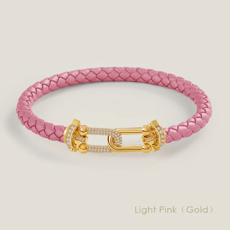 Bracelet en cuir tressé et zircon – Élégance intemporelle, design en U raffiné ✨