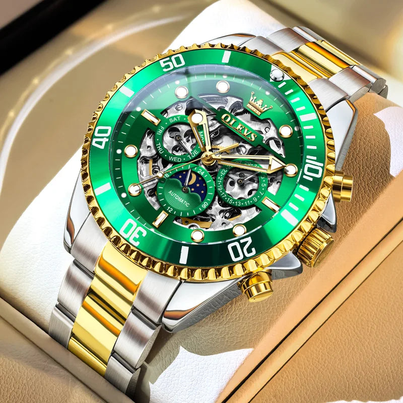 Montre Homme OLEVS 6715 – Automatique Squelette Luxe, Étanche & Élégante avec Phase de Lune