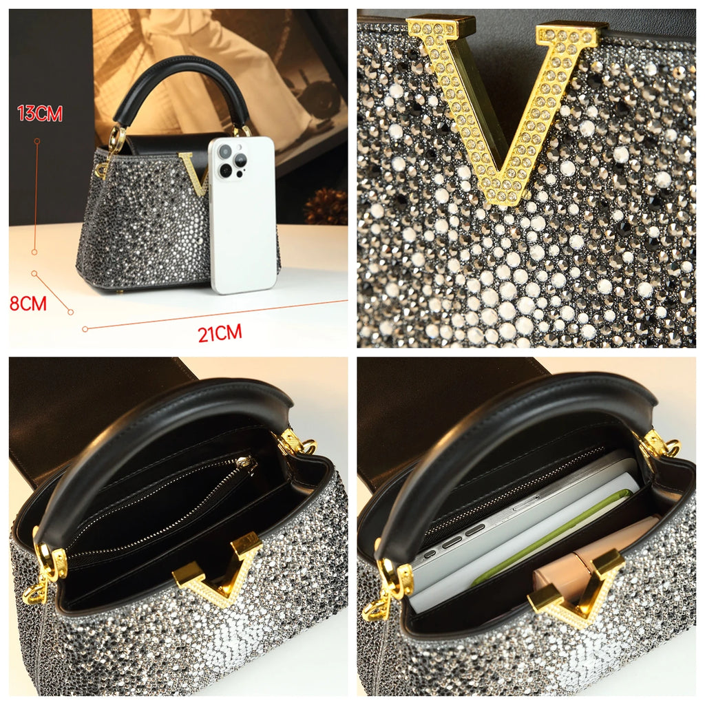 Sac à Main Femme Luxe à Strass – Poignée Rigide et Détail Doré | Sac Brillant Chic Soirée ou Cérémonie