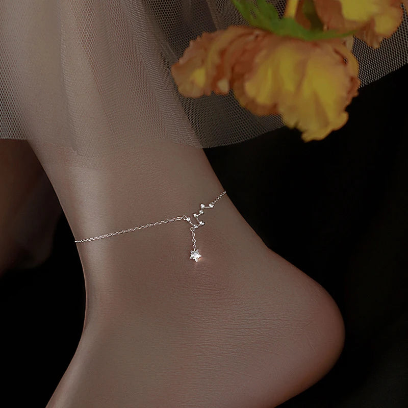 Bracelet de Cheville Femme en Argent 925 – Chaîne Éclatante avec Cristaux Zirconium | Bijou Élégant et Raffiné pour l’Été