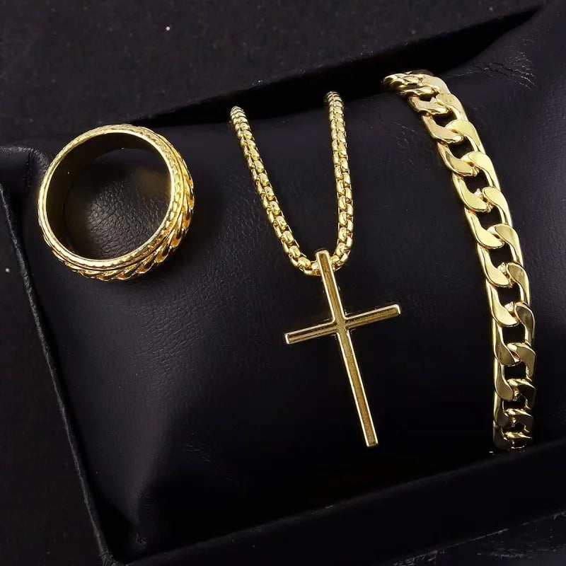 Ensemble Bijoux Homme 3 Pièces – Collier Croix Noire, Bracelet Chaîne et Bague | Style Punk Chic et Tendance