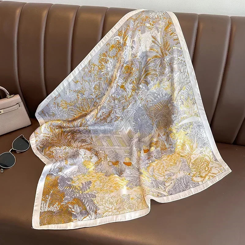 Foulard Carré Satiné Femme – Imprimé Élégant Style Soie | Accessoire Chic pour Cheveux, Cou ou Sac à Main