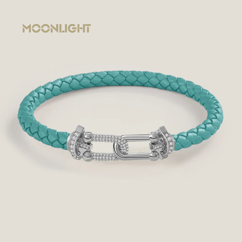 Bracelet en cuir tressé et zircon – Élégance intemporelle, design en U raffiné ✨
