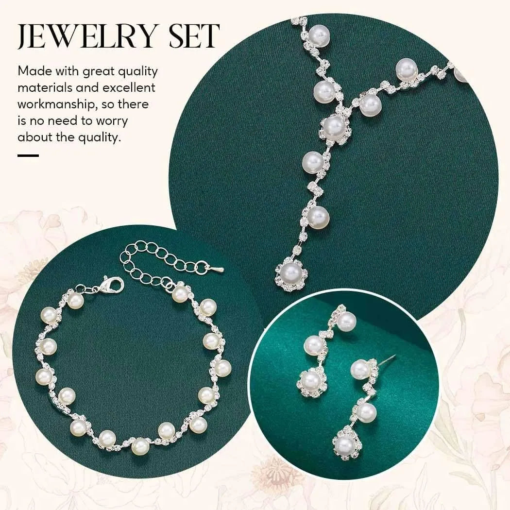 Parure de Mariage Élégante – Collier, Boucles d’Oreilles et Bracelet Perles & Strass Argentés | Bijoux de Mariée Raffinés