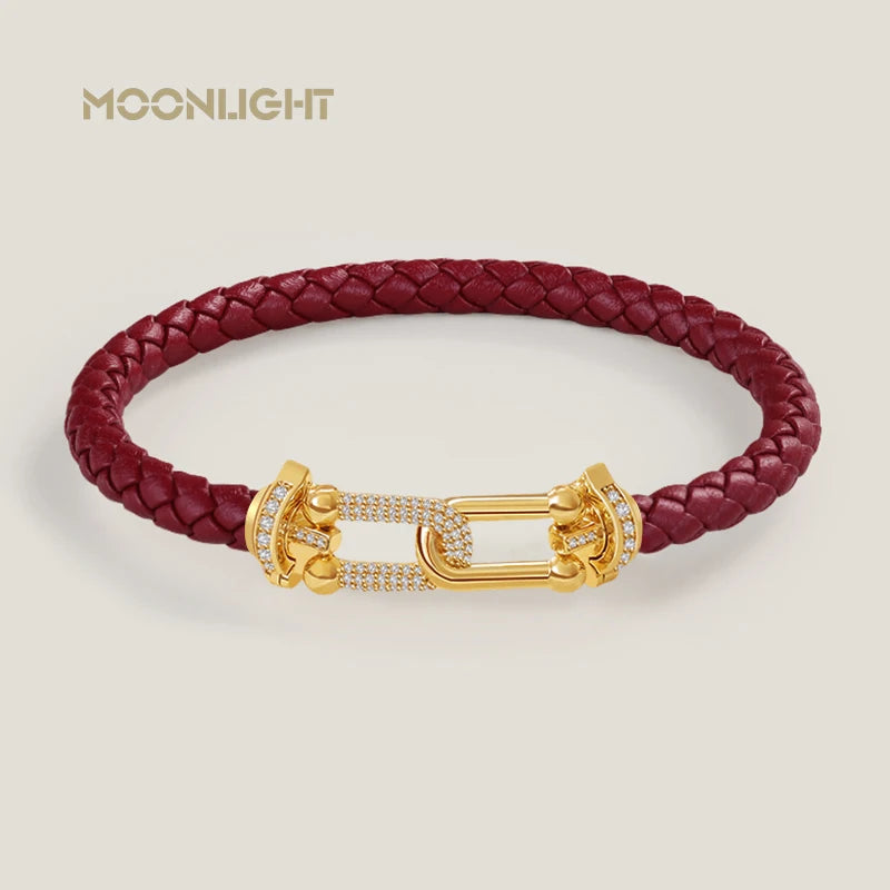 Bracelet en cuir tressé et zircon – Élégance intemporelle, design en U raffiné ✨