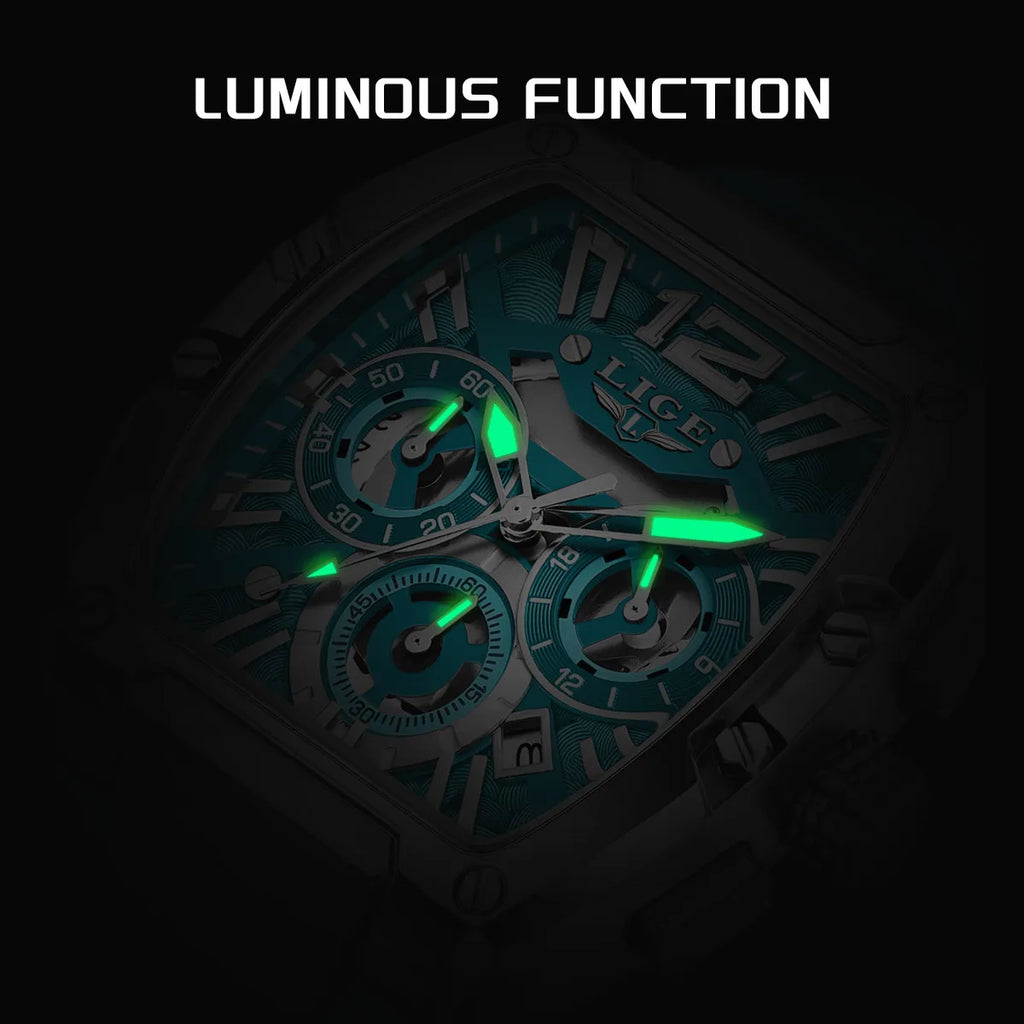 Montre Homme “LIGE Chrono Sport” — Design Carré, Chronographe Lumineux & Style Élégance Urbaine
