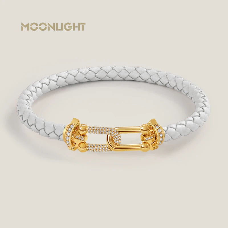 Bracelet en cuir tressé et zircon – Élégance intemporelle, design en U raffiné ✨
