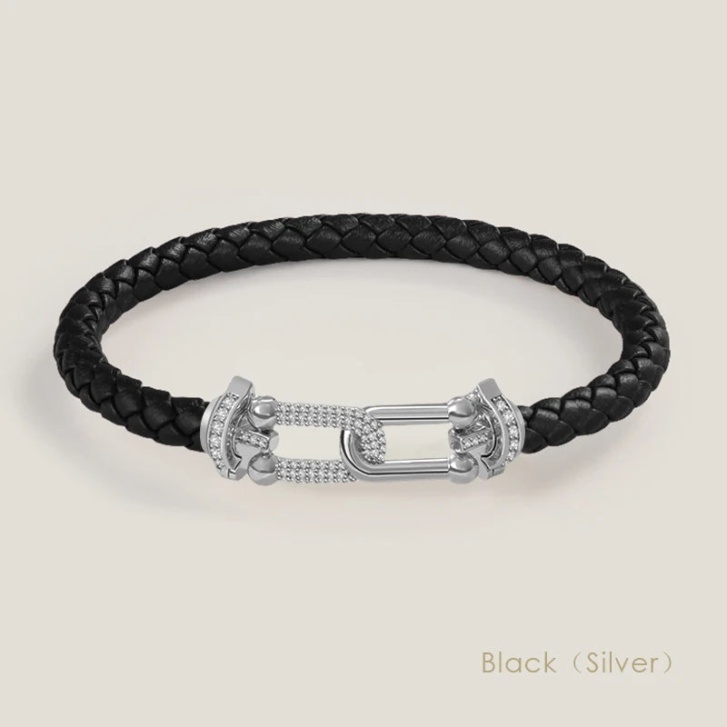 Bracelet en cuir tressé et zircon – Élégance intemporelle, design en U raffiné ✨