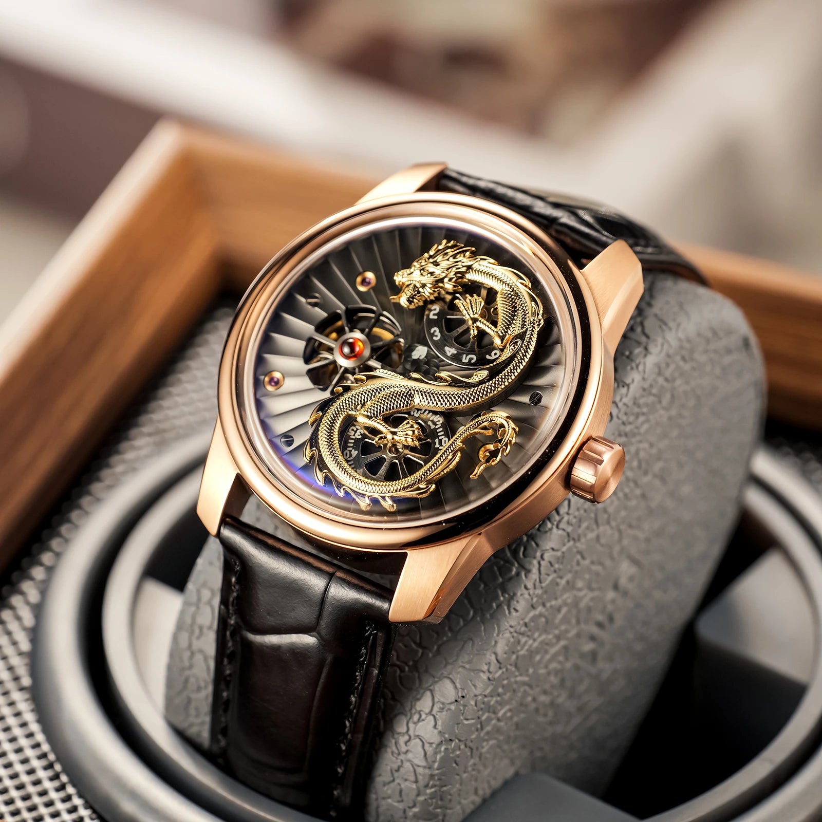 Montre automatique homme “Dragon Royal” – Édition Prestige en or et cuir véritable