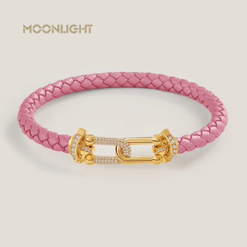 Bracelet en cuir tressé et zircon – Élégance intemporelle, design en U raffiné ✨
