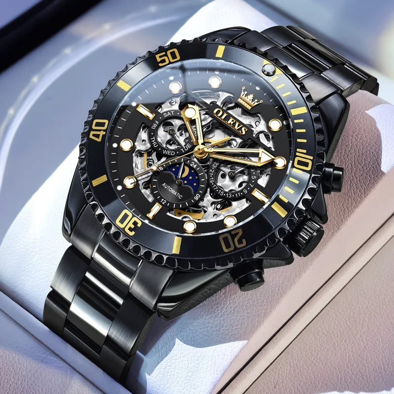 Montre Homme OLEVS 6715 – Automatique Squelette Luxe, Étanche & Élégante avec Phase de Lune