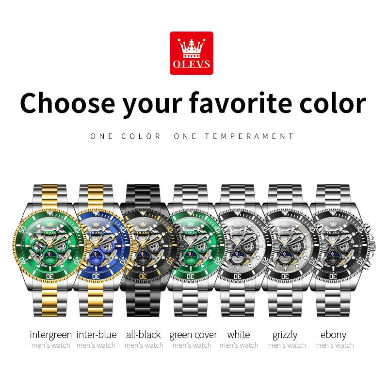Montre Homme OLEVS 6715 – Automatique Squelette Luxe, Étanche & Élégante avec Phase de Lune