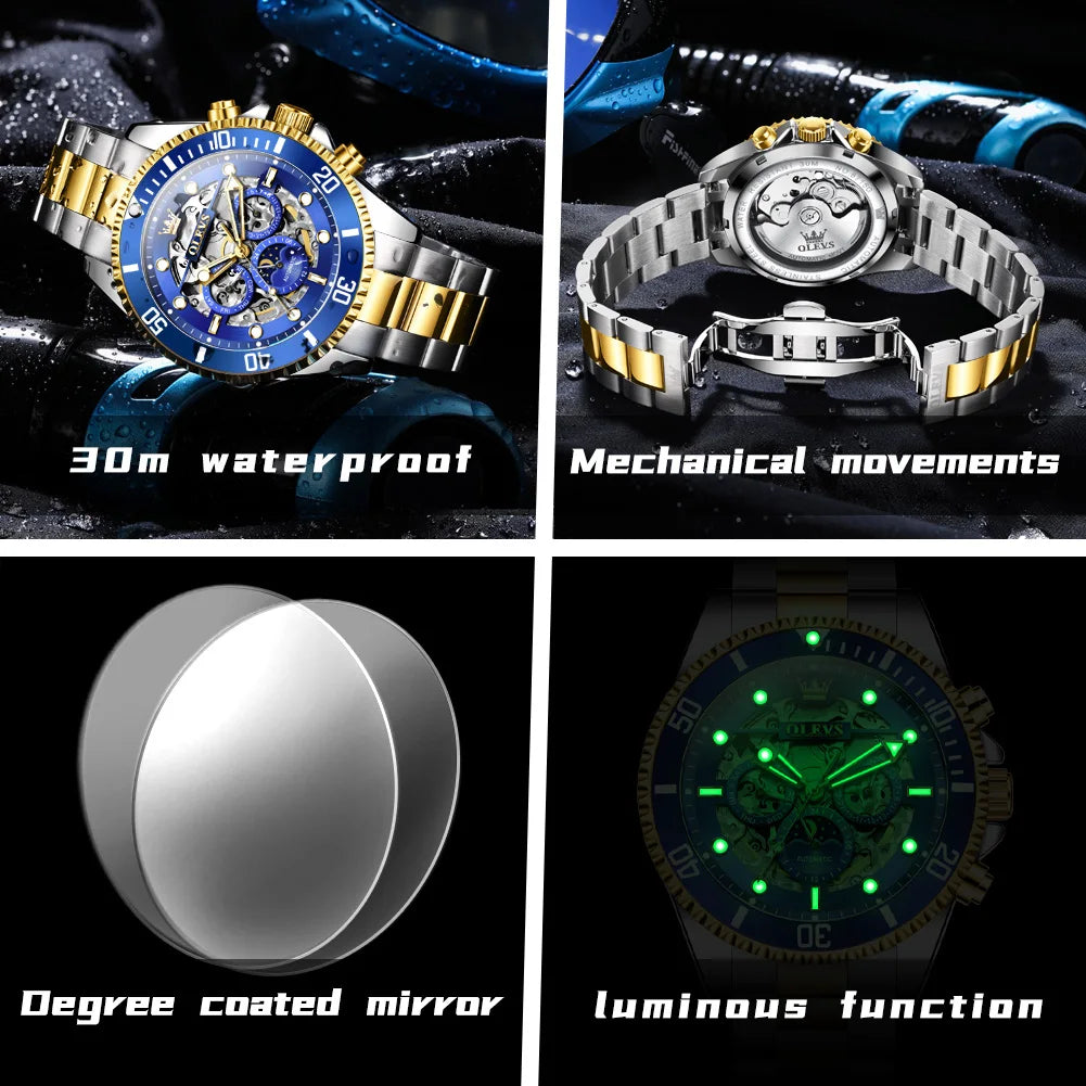 Montre Homme OLEVS 6715 – Automatique Squelette Luxe, Étanche & Élégante avec Phase de Lune