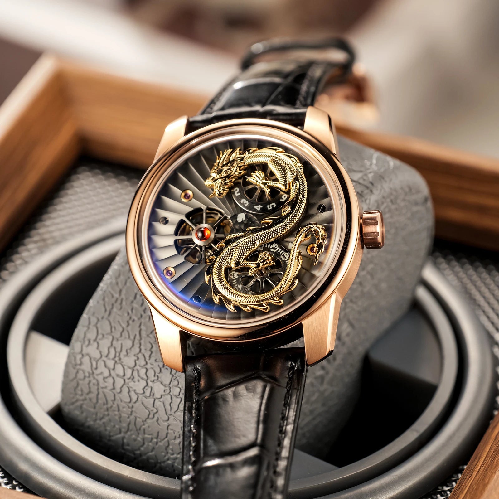 Montre automatique homme “Dragon Royal” – Édition Prestige en or et cuir véritable