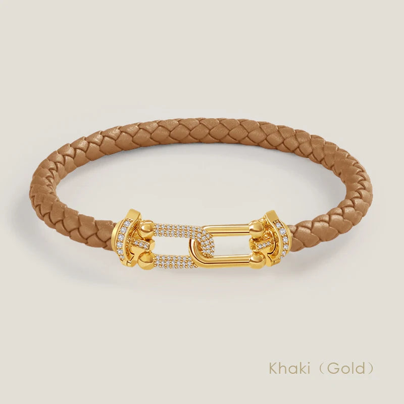 Bracelet en cuir tressé et zircon – Élégance intemporelle, design en U raffiné ✨