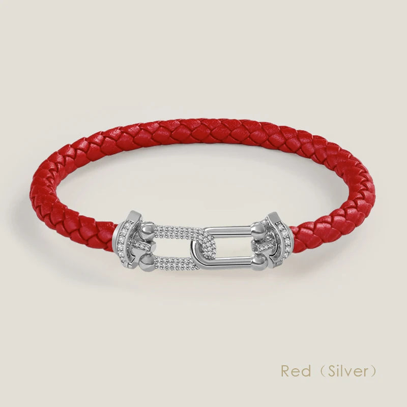 Bracelet en cuir tressé et zircon – Élégance intemporelle, design en U raffiné ✨
