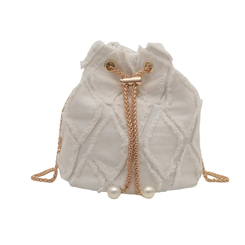 Sac Seau en Jean avec Perles et Chaîne Dorée – Élégance Décontractée & Style Coréen Tendance