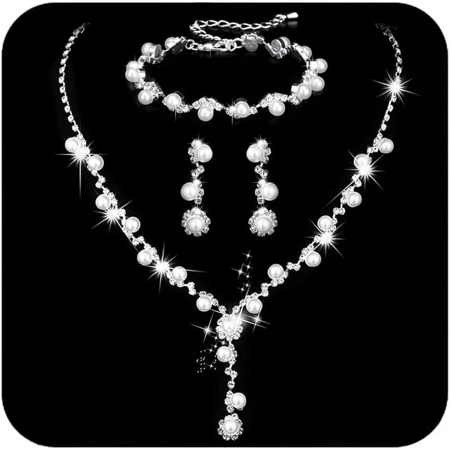 Parure de Mariage Élégante – Collier, Boucles d’Oreilles et Bracelet Perles & Strass Argentés | Bijoux de Mariée Raffinés