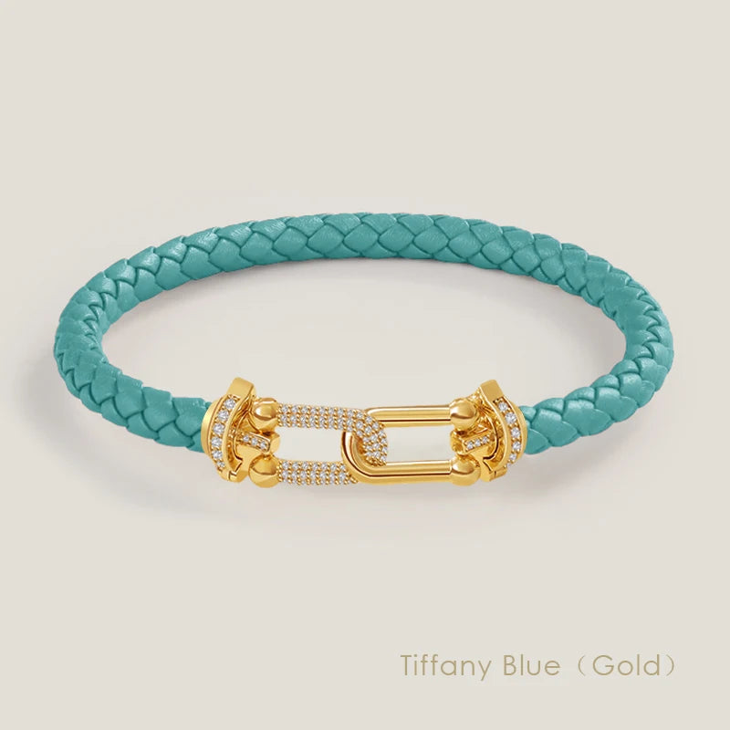 Bracelet en cuir tressé et zircon – Élégance intemporelle, design en U raffiné ✨