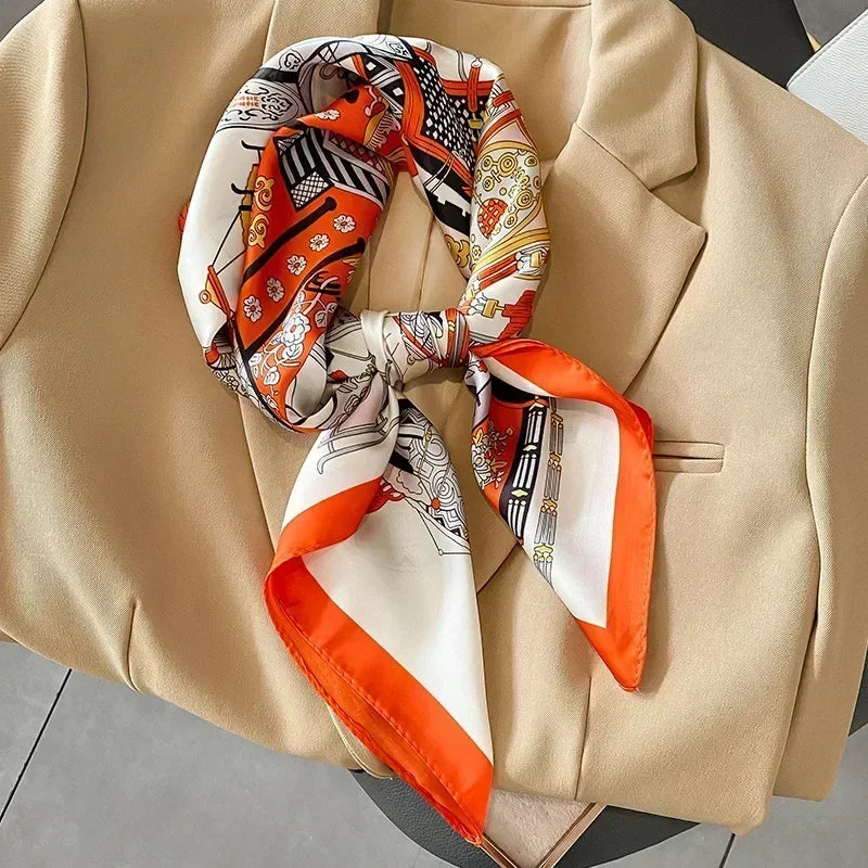 Foulard Carré Satiné Femme – Imprimé Élégant Style Soie | Accessoire Chic pour Cheveux, Cou ou Sac à Main