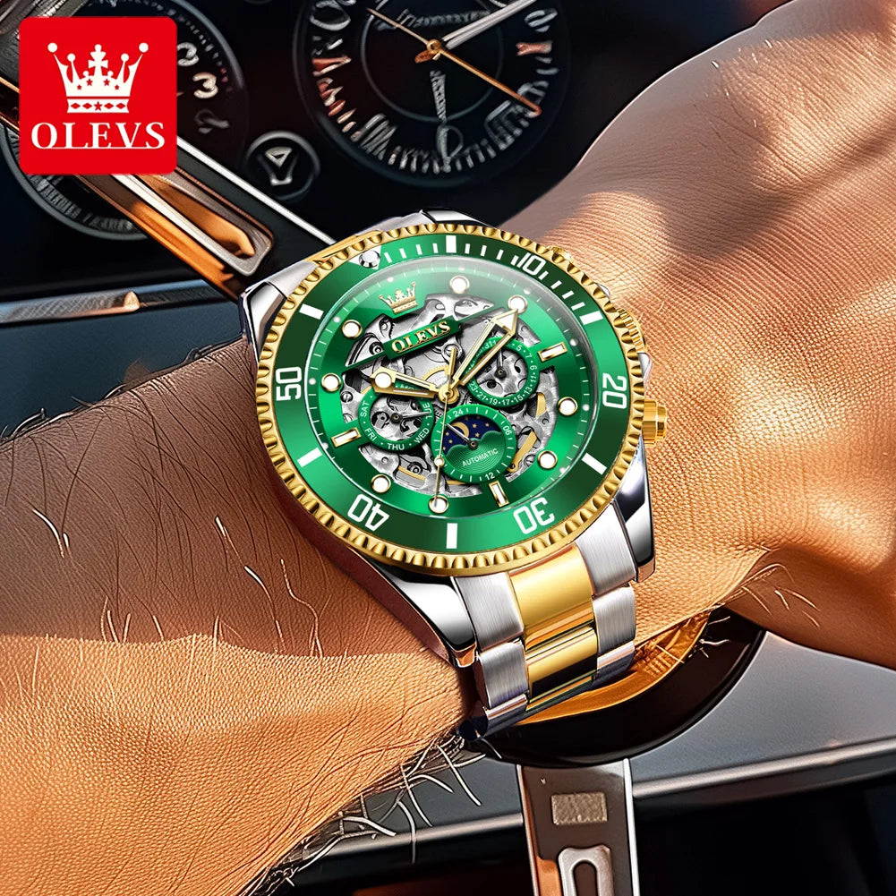 Montre Homme OLEVS 6715 – Automatique Squelette Luxe, Étanche & Élégante avec Phase de Lune